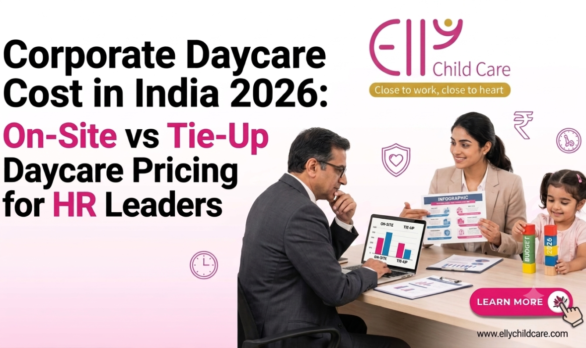 This image is a promotional graphic for Elly Child Care, aimed at HR leaders to explain the costs and differences between On-Site and Tie-Up corporate daycare models in India for 2026.
