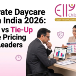 This image is a promotional graphic for Elly Child Care, aimed at HR leaders to explain the costs and differences between On-Site and Tie-Up corporate daycare models in India for 2026.