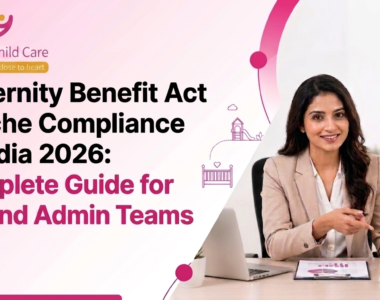 This image shows a promotional guide from Elly Child Care regarding 2026 creche compliance in India.